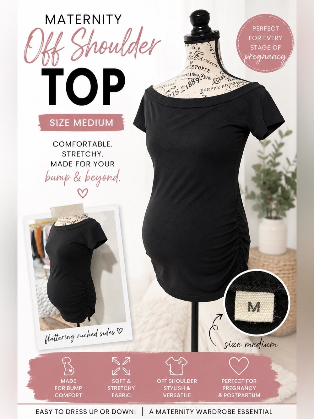 Women’s Maternity Black Off Shoulder Top Medium Ruched Side Stretch